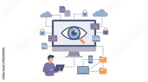 Data Privacy and Security Monitoring with a Person Using a Laptop. Vector Illustrations. EPS Editable