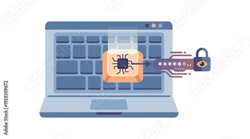Digital Security Concept Laptop with Microchip and Padlock Icon. Vector Illustrations. EPS Editable