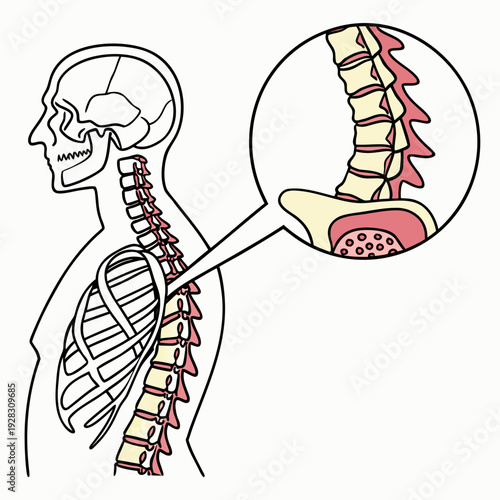 Human skeleton with highlighted vertebrae and magnified spinal detail