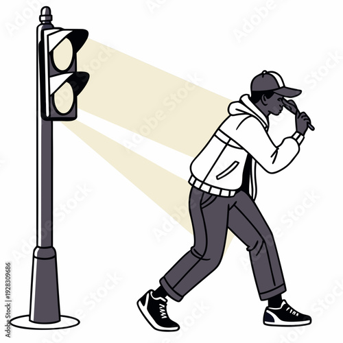 Man in white hoodie walking past traffic light at night