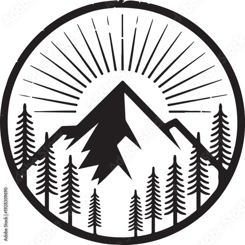 A bold circular black and white illustration shows a majestic mountain peak surrounded by pine trees with sun rays