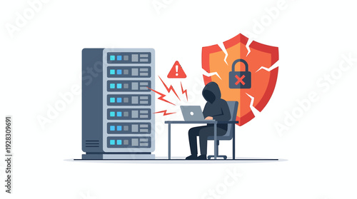 Hacker attacking server data with broken shield security concept. Vector Illustrations. EPS Editable