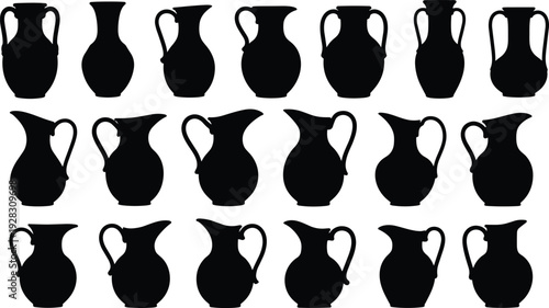 Collection of ancient Greek vase silhouettes, ceramic urns and pottery icons set, cad drawing flat vector illustration, antique decorative vessel elements, black