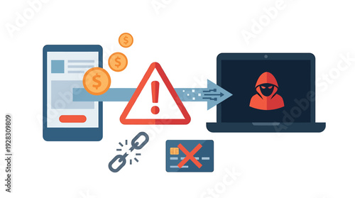 Online Banking Security Threat Illustration Showing Data Theft and Financial Risk. Vector Illustrations. EPS Editable