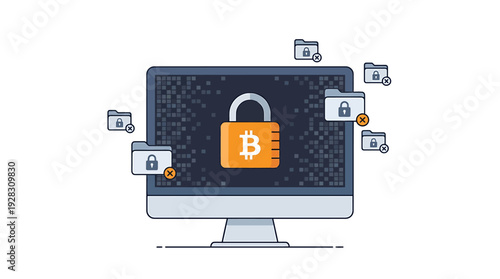 Ransomware Attack on Computer with Bitcoin Lock Icon. Vector Illustrations. EPS Editable