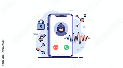 Scam Call on Smartphone with Hacker Icon and Security Elements. Vector Illustrations. EPS Editable