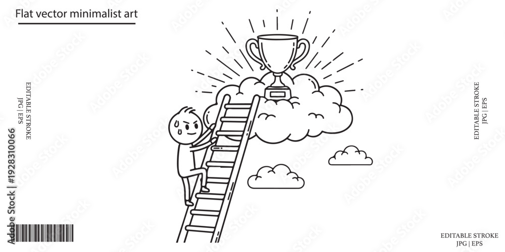 Fototapeta premium Success achievement businessman climbing ladder to trophy cloud