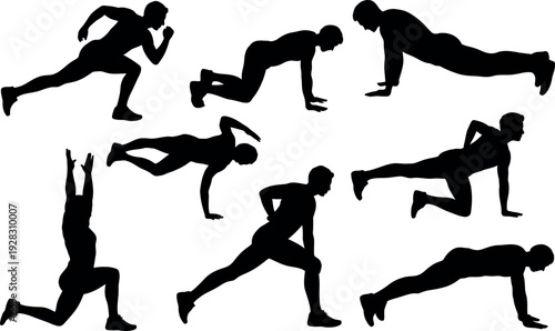Collection of athletic male silhouettes performing various dynamic exercises and stretches in a montage