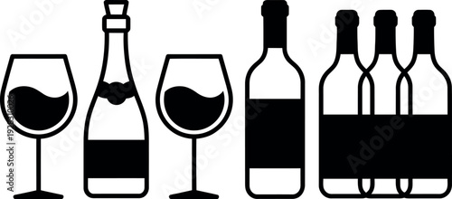 Collection of black and white icons representing various wine bottles and glasses in simple illustration style