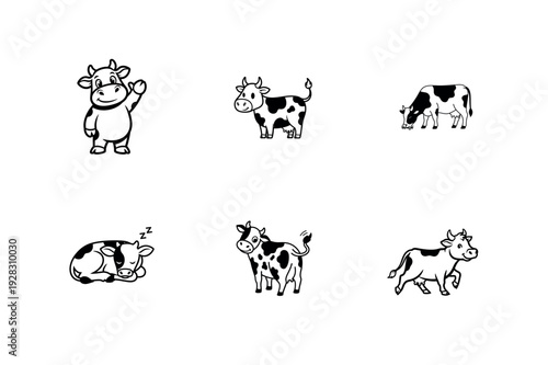 Charming cartoon cows in various poses: waving, standing, grazing, sleeping, and walking, perfect for children's designs and farm themes.