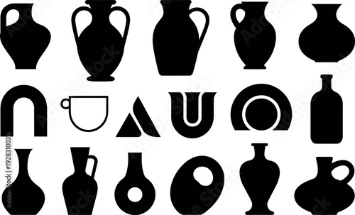 Collection of black silhouette ceramic pottery and abstract shapes isolated on white background