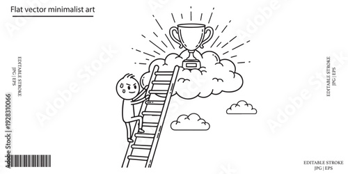 Success achievement businessman climbing ladder to trophy cloud