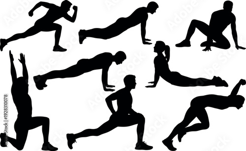 Collection of diverse silhouettes depicting various fitness and exercise movements for a healthy lifestyle
