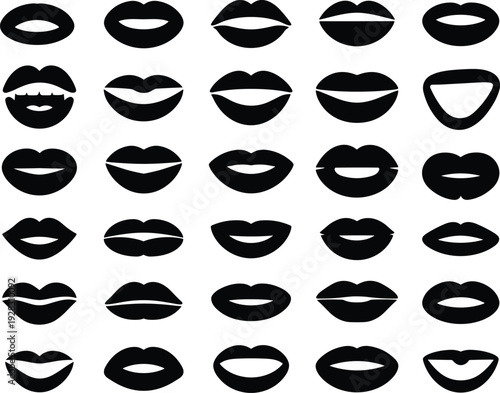 Black lips silhouettes collection, various mouth shapes pouting smiling open kiss set, beauty makeup vector icons outlines on white background for design