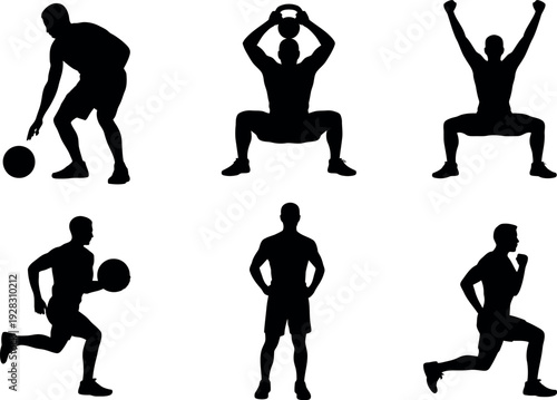 Collection of six male silhouette figures performing various athletic exercises and movements isolated on white