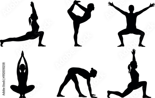 Diverse collection of six black silhouette poses of people practicing various yoga asanas in a dynamic arrangement