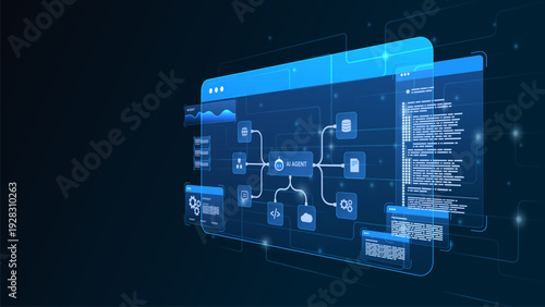 AI workflow automation artificial intelligence. ai agent network diagram dashboard machine learning architecture data processing, coding panels, analytics and process flow.