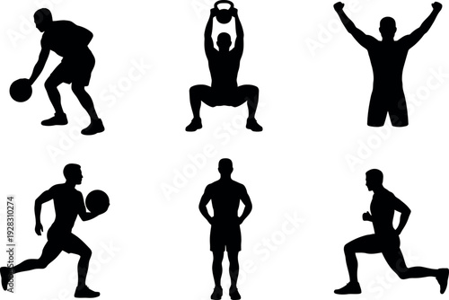 Collection of athletic male silhouettes performing various exercises and sports activities isolated on white