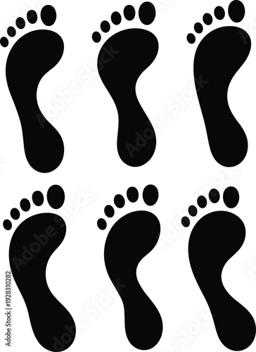 Black silhouette barefoot human footprints, six pairs of bare feet steps, walking trail pattern isolated on white background vector illustration design.