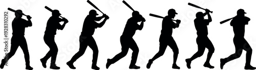 Diverse silhouettes of baseball players swinging bats in sequence showing motion isolated on transparent background