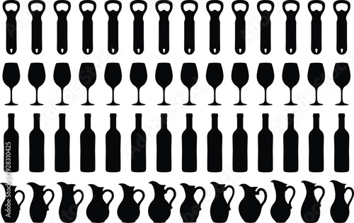 Black silhouette bottle opener wine glass beer bottle jug pitcher collection set various bar beverage tools utensils minimalist vector icons for drink party design