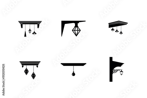 Set of decorative silhouette light fixtures, including vintage pendant lights, chandeliers, and sconces for elegant interior design.