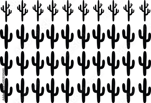 Black silhouette cactus pattern repeating rows of simple desert plants saguaro style succulents, minimalist vector seamless background for southwest boho nature decor design