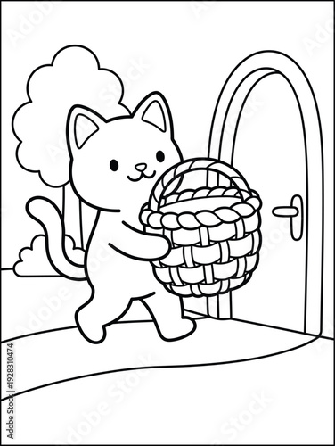 Cute Cat Carrying Basket Coloring Page