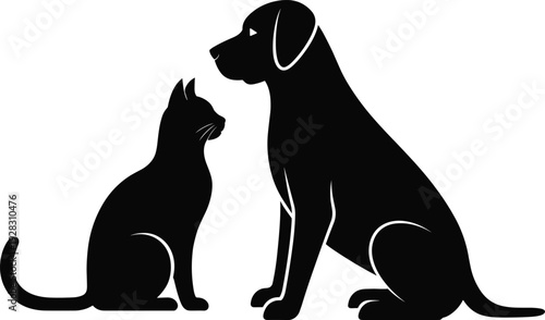 black silhouette cat and dog sitting facing each other, friendly pet friendship, cat looking up at dog, cute animal companions vector illustration