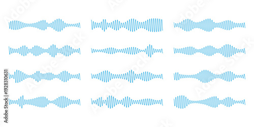  Audio Waves Icon Set. Sound Waveform Signal Equalizer Frequency Vector Collection for Music, Podcast and Recording. Podcast soundwave line of voice. 