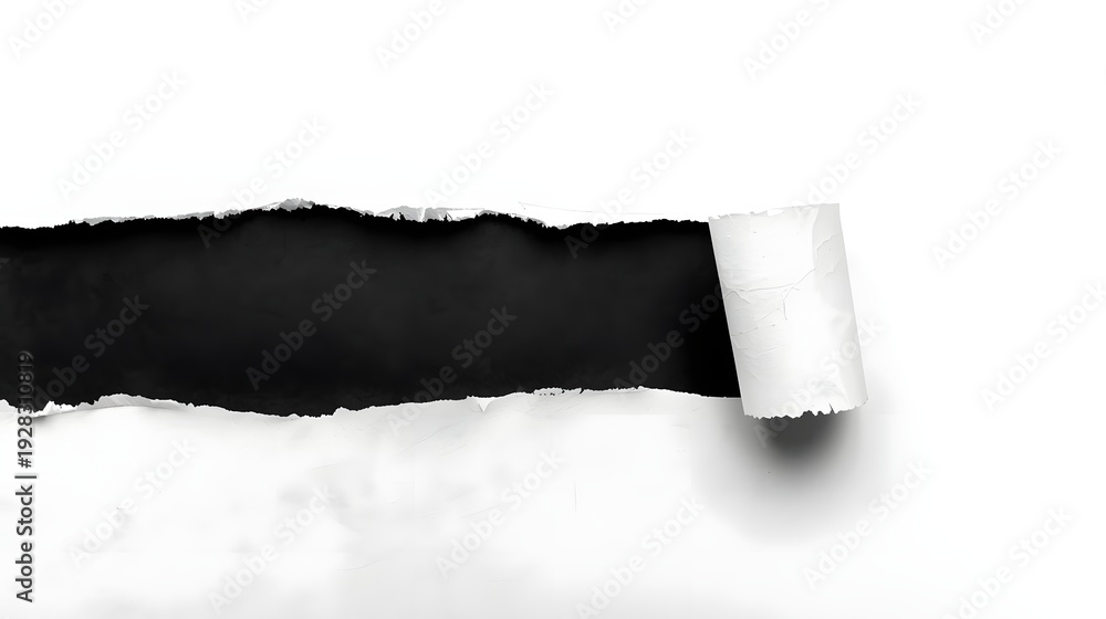 Obraz premium Horizontal torn paper hole with black background isolated on white