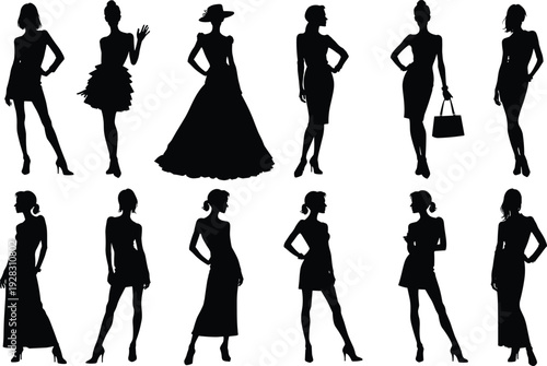 Black silhouette elegant women fashion poses collection various dresses gowns evening wear stylish ladies, minimalist vector set for beauty glamour clothing design illustration