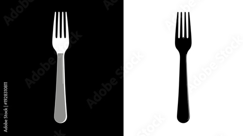 Modern Fork Utensil Icon Set: Realistic Silver Metal on Black & Black Silhouette on White Background, Dining Cutlery Symbol