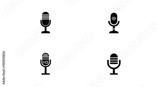 Collection of vintage style black microphone icons. Silhouette design elements for audio recording, voice communication, podcasting, and sound.