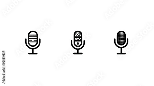 Set of three outline microphone icons for audio, voice, speech, and sound recording. Minimalistic black and white communication symbols.