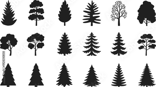 Various black silhouettes of different types of trees on a white background