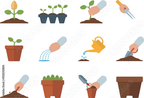 Gardening icons showing planting watering and soil preparation vector
