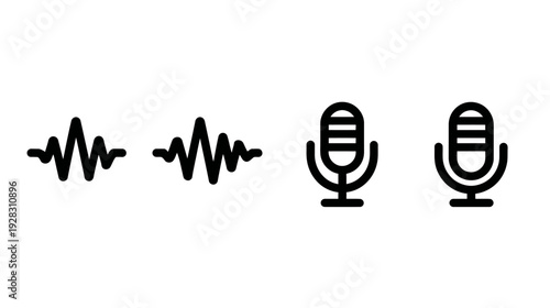 Modern vector line icons set of sound waves and microphones. Audio recording, voice, podcast, music, and digital communication symbols.