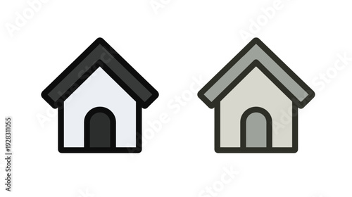 Simple dog house icons set with outlines in two color variations, perfect for pet-related design and animal care graphics.
