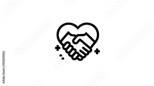 Line art icon of a handshake within a heart, symbolizing partnership, trust, collaboration, love, support, and community