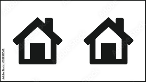 Two black home house icons, simple graphic silhouette symbols for property, real estate, residential, website and app design.