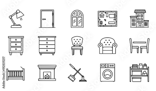 Thin Line Interior Furniture and Home Utility Icon Set with Lamp Door Fireplace and Cleaning Symbols