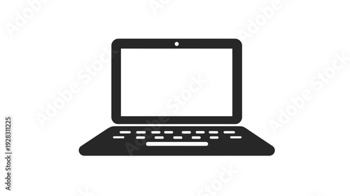 Simple black laptop computer icon illustration with blank white screen, modern digital technology device symbol