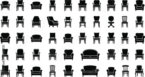 Collection of furniture chair and sofa silhouette icons in cad drawing flat vector illustration for interior design home decor and architectural layout.