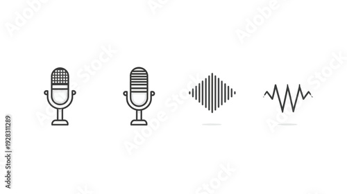 Audio recording and sound wave line icons set. Microphone, podcast, voice, music, frequency, equalizer, radio, technology, vector.