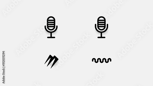 Minimalist black line icons featuring two classic microphones and two audio sound waves, perfect for podcasting, recording, and voice interfaces.