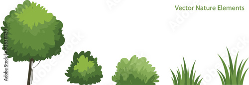 Vector nature elements set with tree, bush, shrub, and grass illustrations in green tones for landscape design, digital art, and educational resources