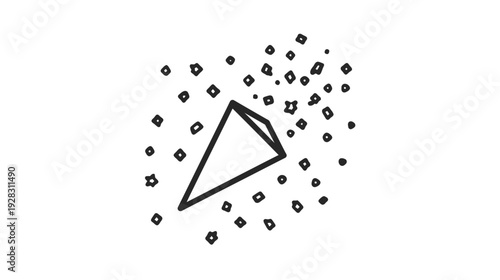 Abstract geometric triangle shape with dispersing dots pattern, minimalist line art vector illustration in black and white.