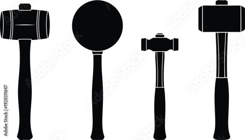 Four black silhouettes of various mallets and hammers