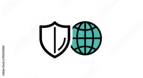 A shield and globe icon for cybersecurity and protection online